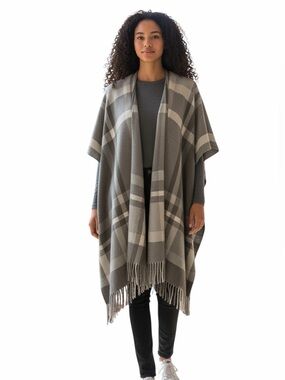 Plaid Fringe Wrap Cardigan in Gray and Cream - Buttery Soft - Small